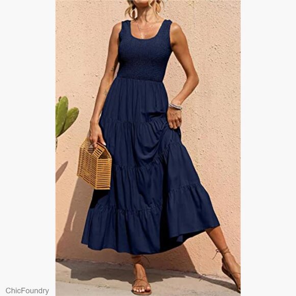 Women's Smocked Tank Maxi Dress Tiered Casual Sleeveless Spring Beach - Picture 3 of 7